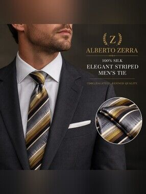 VTG Alberto Zerra 100% Silk Striped  Tie – Gray Gold Brown #1815
